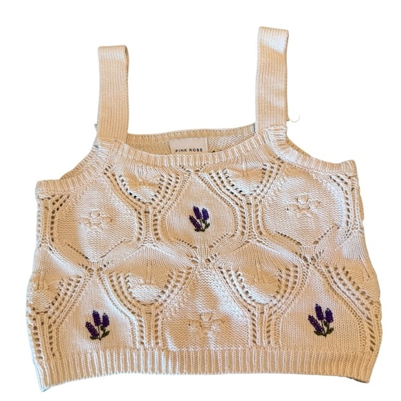 Pink Rose Tops - Pink Rose Cream Knit Cropped Tank with Purple Floral Accents
